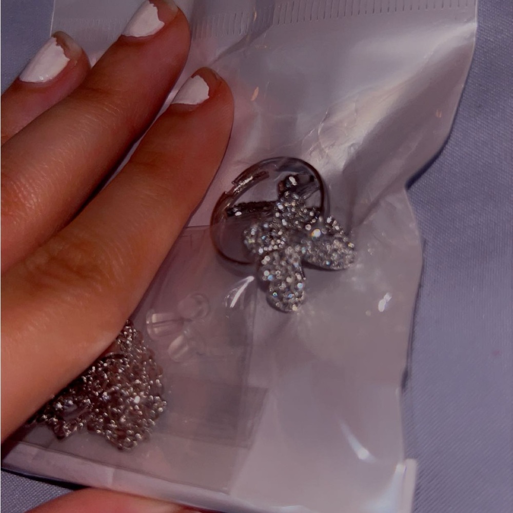 Elegant Silver Floral Butterfly Ring, Earring, and Necklace Set